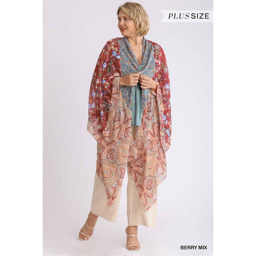 Umgee Sheer Long Paisley Floral Boho Kimono in Berry Mix Plus Size XL/1XL